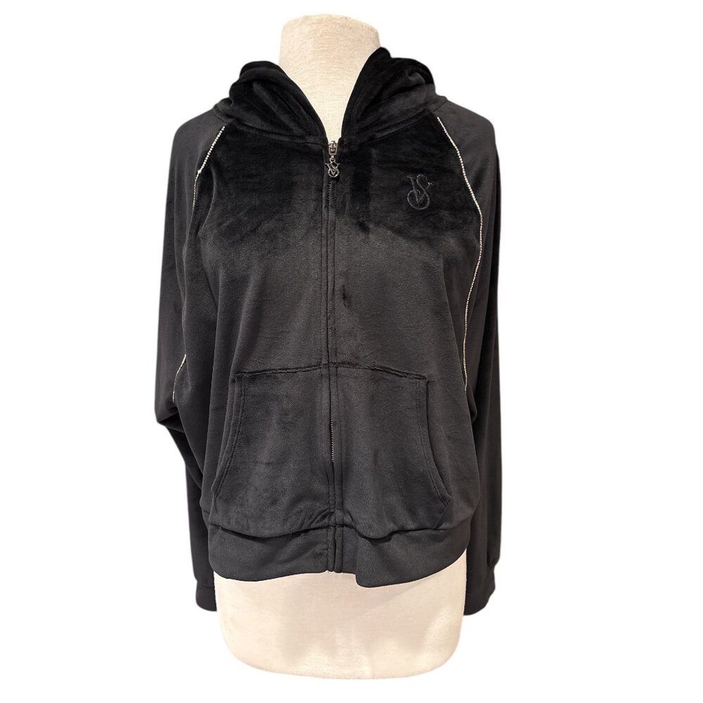 Victorias Secret Black Velour Hoodie Jacket XL Full Zip With Pockets & Hood